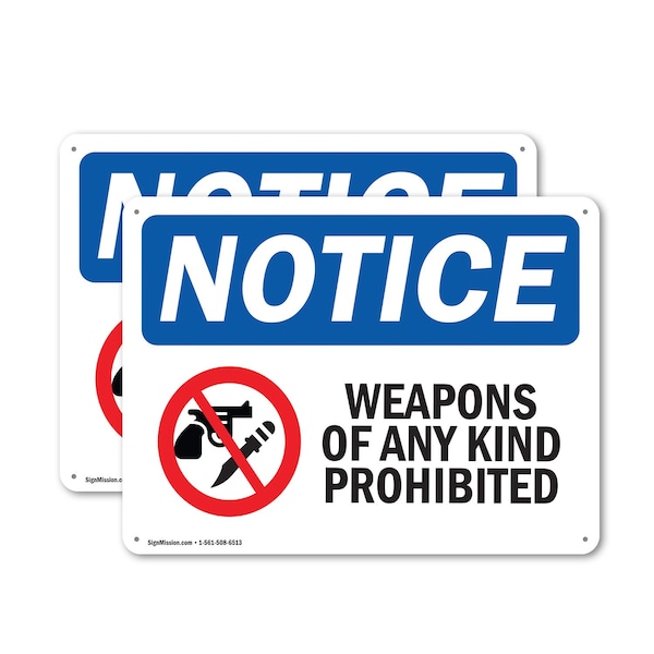 Signmission Weapons Of Any Kind Prohibited OSHA Notice Sign, Plastic, 14in W x 10in L, 2PK OS-2PACK-NS-P-1014-L-16896 - main